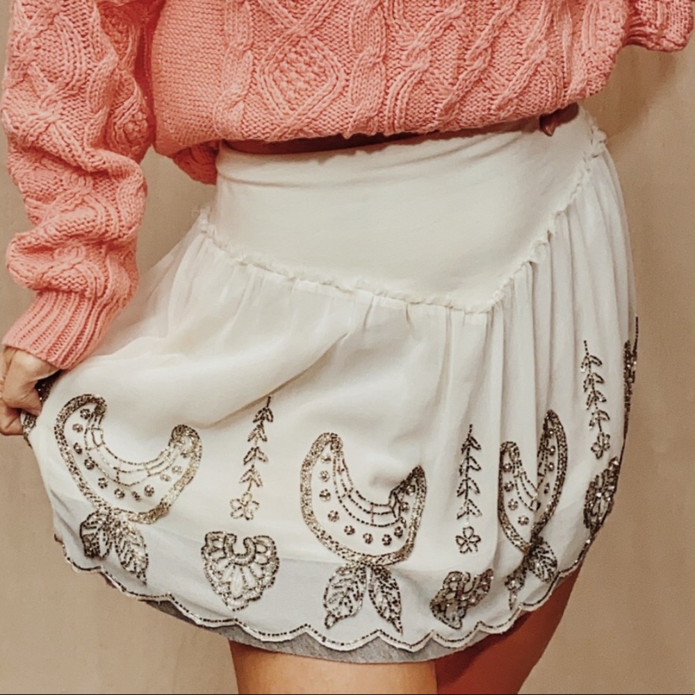Free People White Beaded Mini Skirt XS